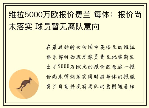 维拉5000万欧报价费兰 每体：报价尚未落实 球员暂无离队意向