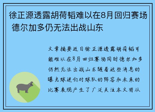 徐正源透露胡荷韬难以在8月回归赛场 德尔加多仍无法出战山东