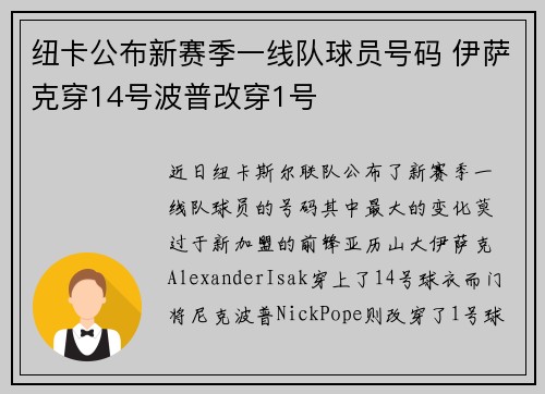 纽卡公布新赛季一线队球员号码 伊萨克穿14号波普改穿1号