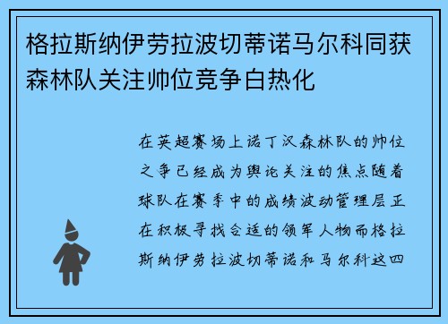 格拉斯纳伊劳拉波切蒂诺马尔科同获森林队关注帅位竞争白热化