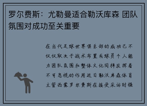 罗尔费斯：尤勒曼适合勒沃库森 团队氛围对成功至关重要