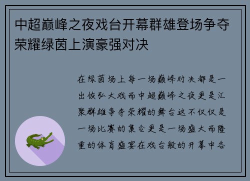 中超巅峰之夜戏台开幕群雄登场争夺荣耀绿茵上演豪强对决