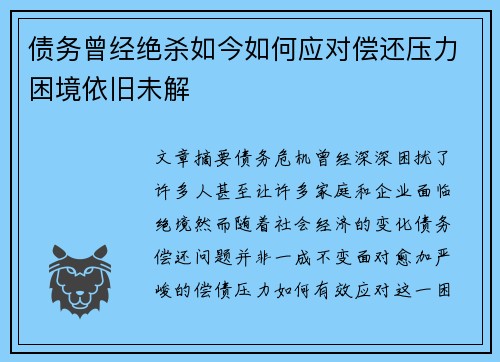 债务曾经绝杀如今如何应对偿还压力困境依旧未解